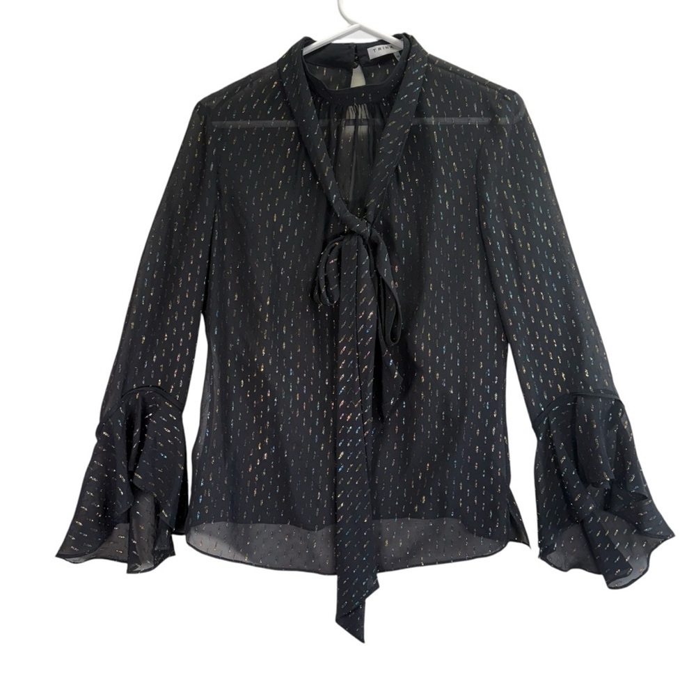 Trina Turk Black Ruffled Bell Sleeve Blouse. Size
